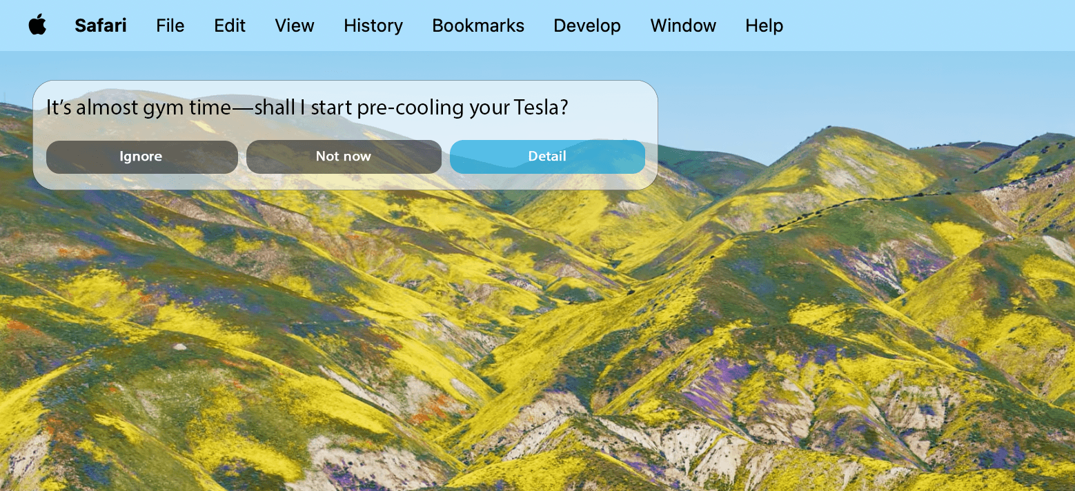 Pikqo predictive interface showing a proactive Tesla pre-cooling suggestion before gym time
